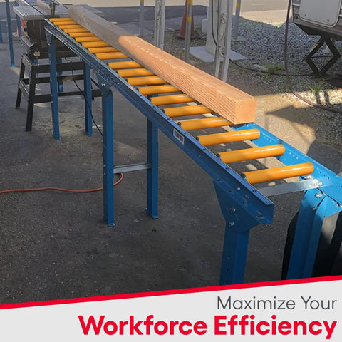 Heavy-Duty Gravity Conveyor With Poly-Coated 10 Inch Rollers, 12 Inch Width 5 Foot Length Galvanized Steel Table Saw Track System in use with wooden beam.