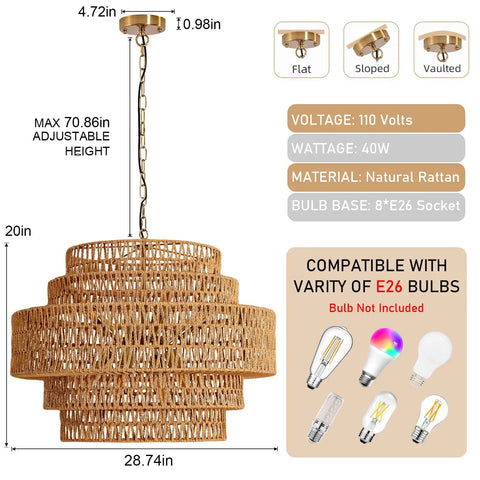 Epic Large Gold Boho Rattan Chandelier With 8 Lights, adjustable up to 70 inches, shown with dimensions and bulb compatibility details.