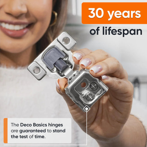 Soft Close Cabinet Hinges 30 Pack One And A Half Inch Overlay Concealed Hidden Hinges held by woman