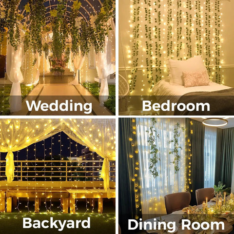 200 LED Curtain String Lights For Indoor Outdoor Use With 8 Modes And Timer Warm White Fairy Lights in various settings