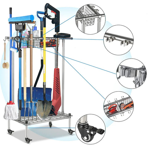 Stainless Steel Garden Tool Organizer Tower Rack With Wheels For Garage Shed And Yard Floor Standing Storage For Long Handle Tools And Small Tools Heavy Duty Steel showcasing multiple tool slots and baskets.