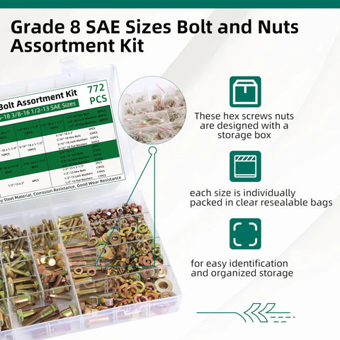 Badass Grade 8 Bolt And Nut Assortment Kit Packed With Lock And Flat Washers In Diverse Sae Sizes Crafted From Heavy Duty Alloy Steel, shown in organized storage box.