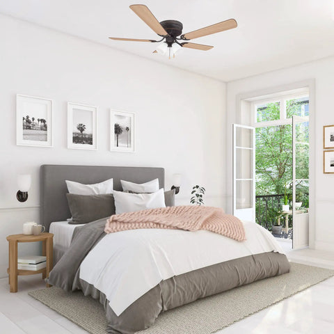 52 Inch Traditional Ceiling Fan With Five Blades And Dope LED Light Kit in bedroom, low profile hugger in use