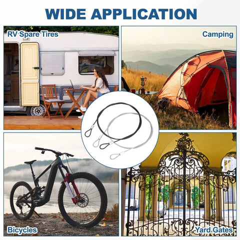 Wide application of 6 Pack Security Cable Lock Set With Double Loop Cables in RV, camping, bikes, and yard gates.