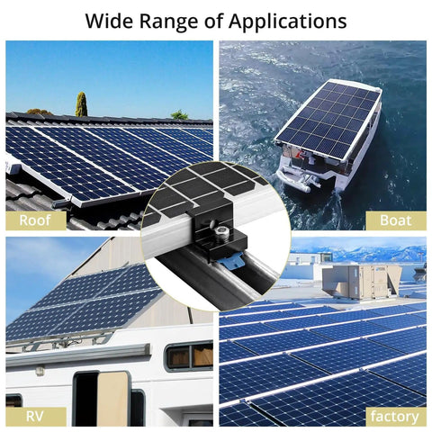 Image of 10 Pack Solar Panel End Clamps for Standard Unistrut Aluminum on roof, boat, RV, and factory setups with panels.