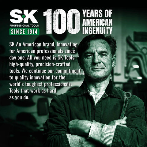 Man holding wrench in workshop, promoting SK Professional Tools' 100 years of American ingenuity, with text and logo.
