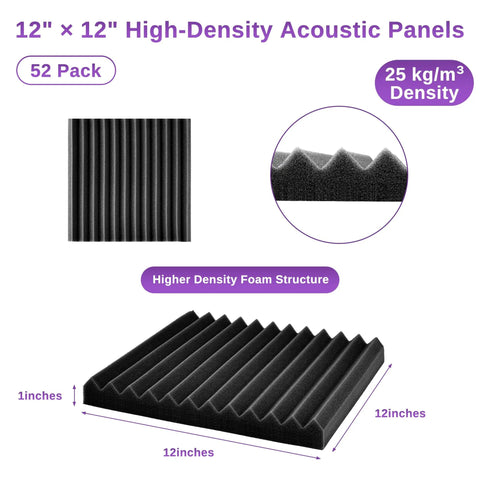 52 Pack Acoustic Foam Panels 1 Inch Thick 12 By 12 Inch Wedge Studio Foam Sound Absorption Wall Panels for Dope Home Recording Studio Office Theater Black Purple showing panel density and structure