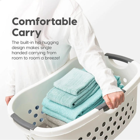 Person carrying 50L Laundry Hamper Set With Built In Comfort Handles 3 Pack White Plastic Baskets With Ventilation Holes