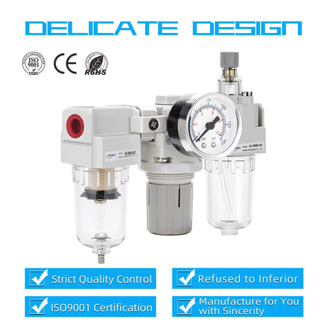 One Quarter Inch NPT Air Filter Regulator Lubricator FRL Combo With Water Oil Trap Separator And 0 To 150 Psi Pressure Gauge