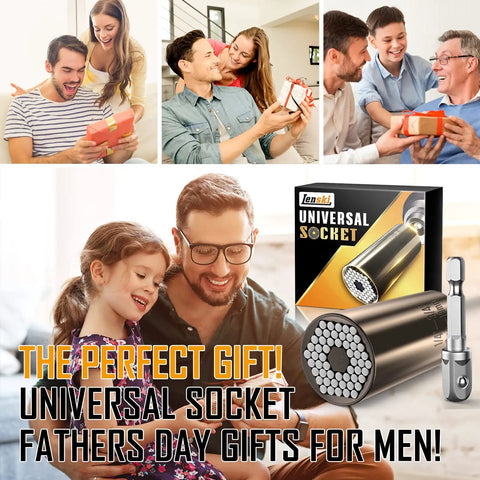 Ultimate Dad Gift Universal Socket Wrench That Grips Any Bolt Perfect Father's Day Gear shown with happy families.