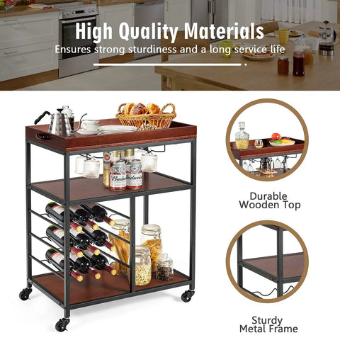 Slick Rolling Kitchen Island Cart With Rustic Brown Wood And Steel Frame showing upper tray, nine bottle rack, and lockable wheels.