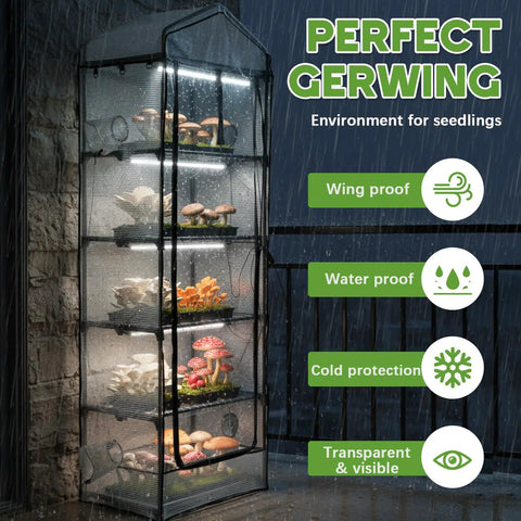 5 Tier Extra Tall Mushroom Grow Tent Kit with Light and Timer, showcases waterproof greenhouse with mushrooms inside. 80x19x27 inch.