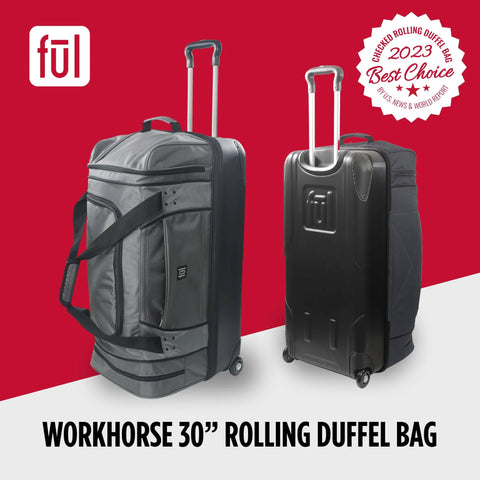 Grey rolling duffel bag with split storage featuring smooth wheels and hard-shell base for travel convenience.
