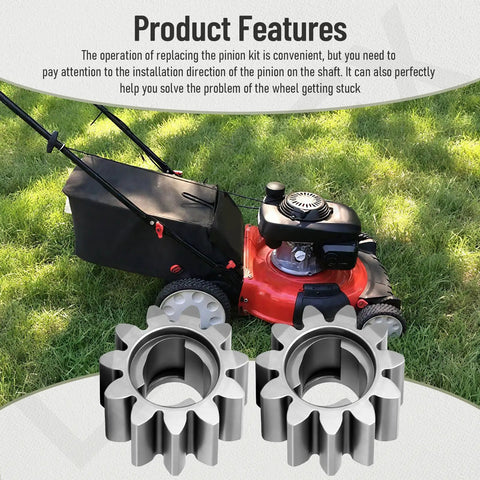 Premium Pinion Set Kit Replacement For John Deere Walk Behind Mowers includes two steel gears on a lawn mower backdrop.
