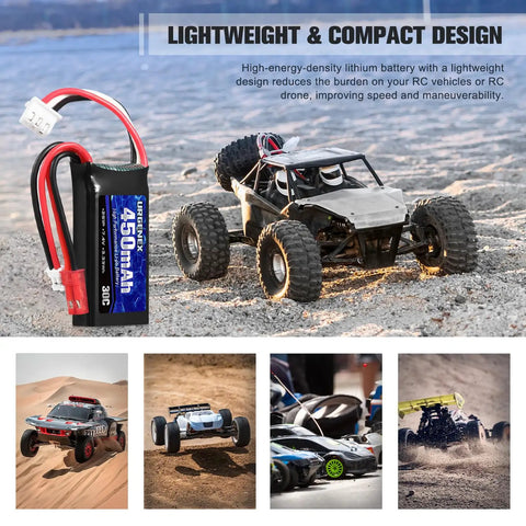 7.4V LiPo Battery 2S 30C 450mAh Rechargeable For Axial SCX24 And Most One Tenth Through One Twenty Fourth Scale RC Cars Drones