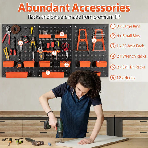 4 Ft Metal Pegboard Tool Organizer With Heavy Duty Hooks And Bins For Garage And Workbench displaying tools and accessories on a wall-mounted pegboard.