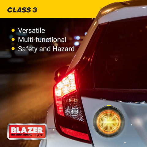 Badass Led Amber Warning Beacon With Rock Solid Magnetic Base, Three Sixty Degree Strobe Light Featuring Four No Sweat Flash Modes, Battery Powered Ip Sixty Five Weatherproof Class Three Job Site Safety Alert on vehicle's rear.