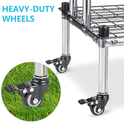 Stainless Steel Garden Tool Organizer Tower Rack with Wheels showing heavy-duty wheel design on grass background.