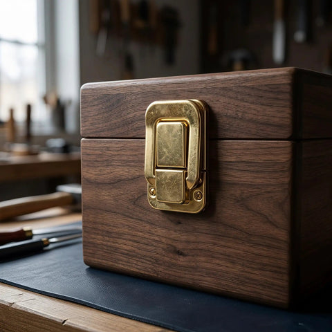 Retro Hasp Latches With Toggle Catch Lock For Antique Wood Boxes Sturdy Metal Closure on a vintage wooden box