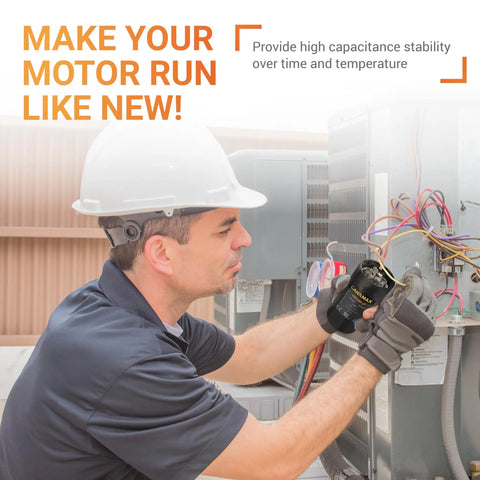 Technician installs 400 To 480 uF Round Motor Start Capacitor 165 VAC For Single Phase AC Motors, HVAC unit in background