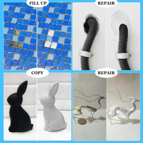 Heavy Duty Two Part Epoxy Pool Putty For Active Leaks Underwater Or Dry Surfaces 10 Oz Repair Tube shown applying to tile and pipe repairs.