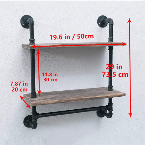 Industrial Rustic Bathroom Shelves Wall Mounted 19.7 Inch Two Tier With Towel Bar, dark wood with metal pipes, side view