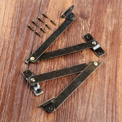 2 Pack Left Side Lid Support Hinges Fold Up Stay Hinges For Wood Boxes Cabinets Jewelry Boxes Toy Chests And Gift Boxes 4.25 Inch By 0.43 Inch Zinc Alloy Durable Hardware on wooden surface with screws