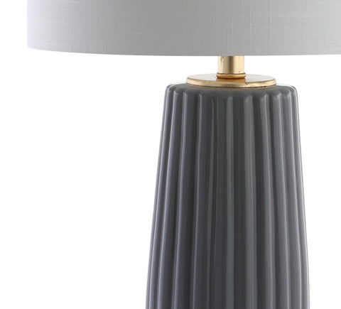 Gray 28.5 Inch Modern Ceramic Table Lamp With Fluted Base And White Linen Shade, Gold Accent, Energy Efficient LED Bulb Included