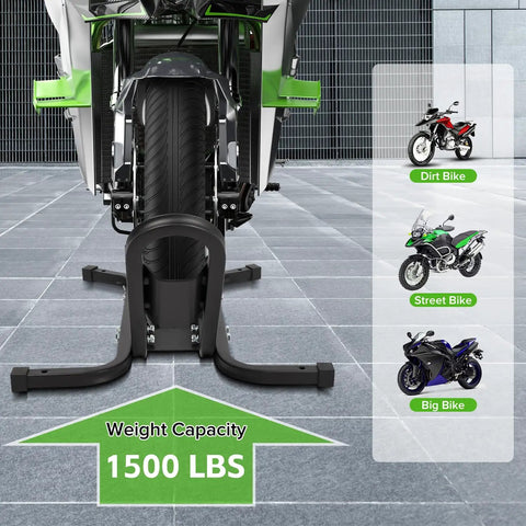 Heavy Duty Motorcycle Front Wheel Chock Hella Sturdy 1500 Lbs Capacity fits 17 to 21 inch tires, shown with a motorcycle
