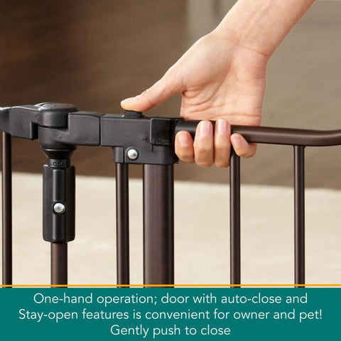 Close-up of hand using Hardware Mounted Pet Passage Gate With One Hand Door And Double Locking System, easy install feature visible.