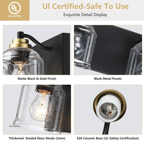 Close-up of 24 Inch Vanity Light With Black And Gold Finish, featuring E26 ceramic base and clear glass shade details