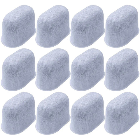 Charcoal Water Filter Replacement Pack For Keurig Coffee Makers 12 Count By Pureline Micromesh Filtration For Keurig 1.0 And 2.0 Helps Improve Taste With Cleaner Fresher Brew Every Time Keeps Coffee Tasting Great, showing twelve filters in a grid pattern.