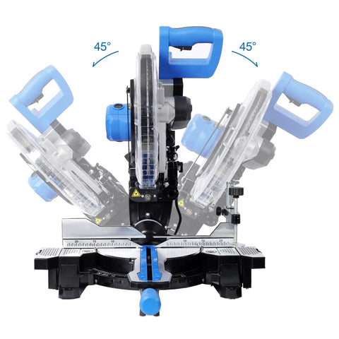 Heavy Duty Pro Grade Sliding Compound Miter Saw With 12 Inch 80 Tooth Blade And 15 Amp Motor shows dual bevel angles at 45 degrees.
