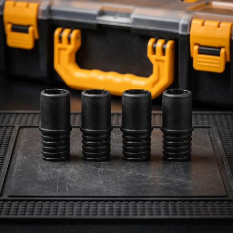 Threaded Tip Replacement Multi-Tool Adapter Set, Pro-Grade, 4 Pack, 22mm black plastic quick-install connectors on mat