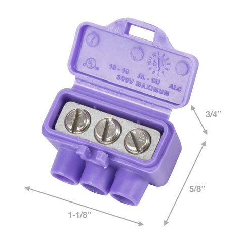 AlumiConn Wire Connectors 2500 Pack Purple Electrical Aluminum Copper Wiring Repair Kit with three screws and dimensions shown.