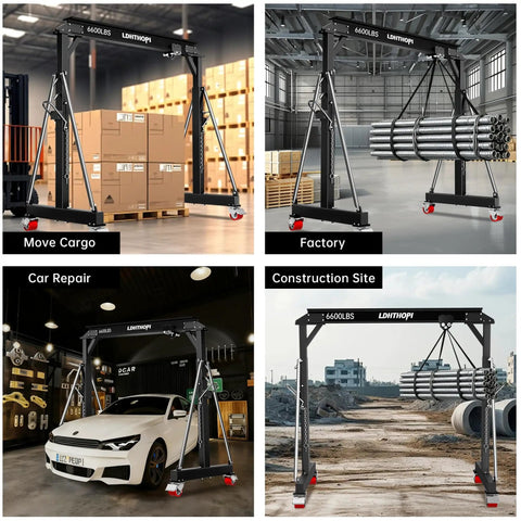 Beefy 3 Ton Gantry Crane With Adjustable 8.53 To 12.47 Ft Height 6600 Lbs Capacity Manual Trolley Hook And Shackles Ideal For Warehouse Shop Auto Repair And Construction Sites shown in various settings including warehouses, factories, and construction sites.