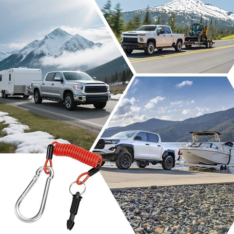 RV Breakaway Cable With Transparent Jacket Heavy Duty 4.0mm Core Cable And 1.5mm Steel Wire for Safe Towing, shown with trailers.