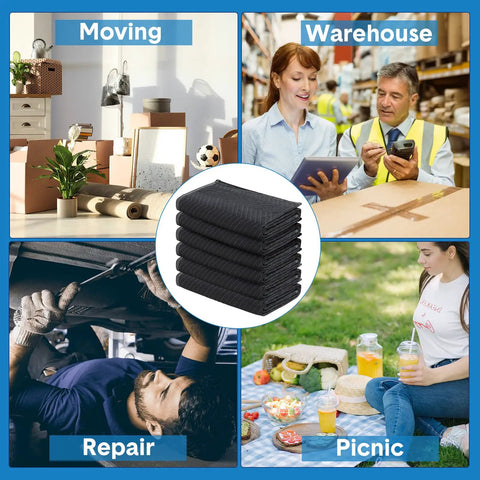 12 Pack Moving Blankets 72 By 40 Inches Heavy Duty Packing Pads Quilted Non Woven Furniture Covers in black, with various uses.