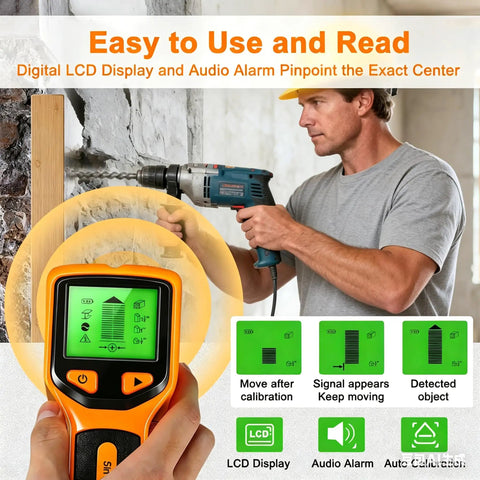Zero Guesswork Dead Accurate Five In One Stud Finder Wall Scanner in use with digital display, detecting wall features.