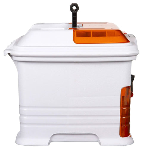 Side view of Pro Multiloader Tackle Box With Zerust Anti Rust Technology Portable Lure Organizer Station, white and orange color