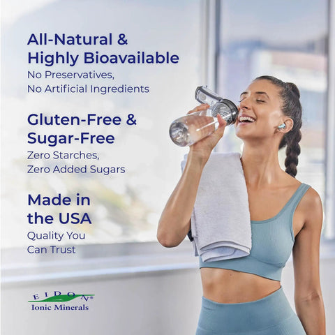 Woman in workout attire drinking water, highlighting EIDON Ionic Minerals benefits: all-natural, gluten-free, and made in the USA.