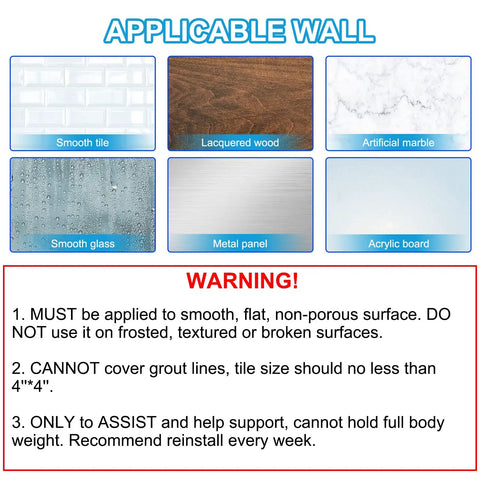 Diagram showing surfaces for Two Pack Senior Shower Grab Bars With Strong Suction Cups Non Slip Bath Handles, including tile, wood, marble.