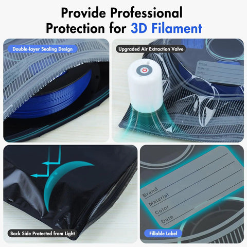Reusable Vacuum Storage Bags For 3D Filament Top Tier Kit With Hand Pump And Clips Heavy Duty showing double-layer sealing design and air extraction valve.