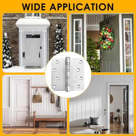 Heavy Duty Premium Stainless Steel Door Hinges Built Tough With Top Tier Ball Bearing Action So You Cannot Even Hear Them Moving While Securing Doors Perfectly With 3 Pack shown in various residential applications.