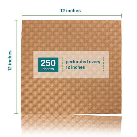 Eco Friendly Kraft Bubble Paper Wrap Sheets 12x12 Inches For Packing Moving And Shipping Recyclable Cushioning 250 Feet Roll Made In The USA Great For Fragile Items Like Glassware And Dishes Reducing Breakage During Transit depicting 12-inch square sheet.
