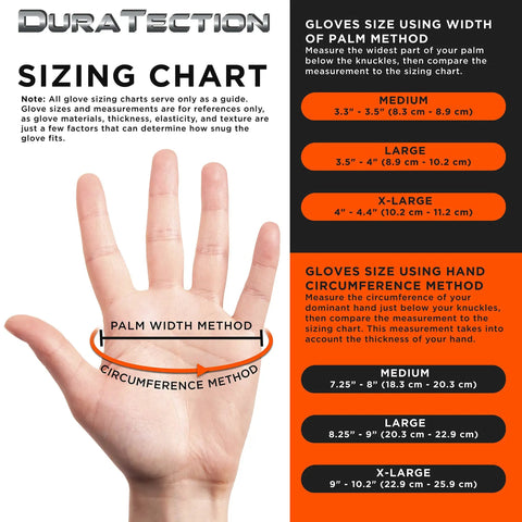 Sizing chart for Orange 8 Mil Heavy Duty Diamond Textured Nitrile Disposable Gloves, showing hand width and circumference methods.