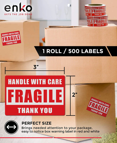 3 X 5 Inch Fragile Shipping Labels Handle With Care Permanent Adhesive, Clear Fragile Warning Labels With Thank You Message, 500 Perforated Self Adhesive Labels On One Roll For Easy Printing And Quick Packing