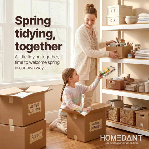 Mother and daughter organizing items with cardboard boxes and a shelving unit during spring cleaning.