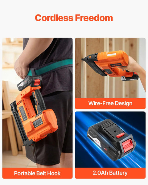 Smooth Shootin Cordless Brad Nailer 18 Gauge 20V Battery Powered Nail Gun with 2.0Ah battery and portable belt hook.