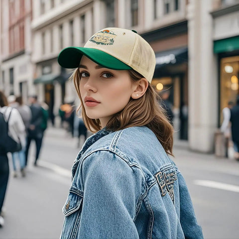 Woman wearing RV Pilot Hat For Road Trips And Camper Vacations Dope Outdoors Cap in beige with green eaves, matched with denim jacket.